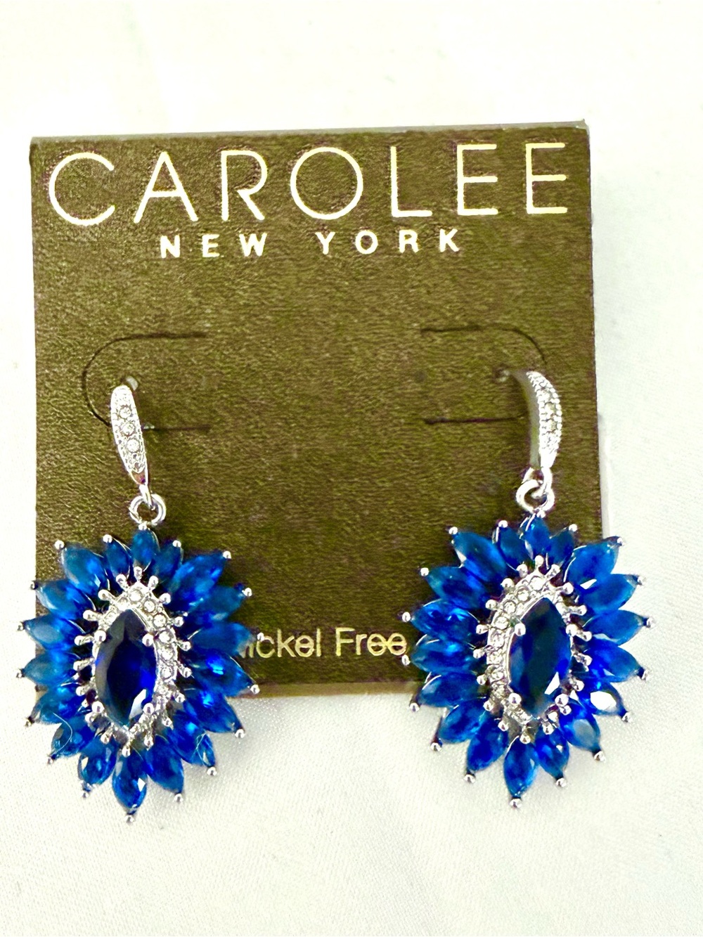 Carolee New York Sapphire Blue Crystal Floral Drop Earrings Silver Tone NWT